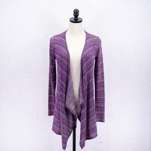 Volcom‎ -PS 10- Purple Draped Cardigan Sweater Polyester Cotton Striped Knit